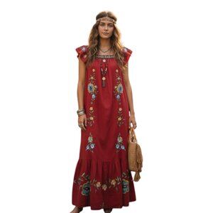 FARM RIO XL Embroidered Linen-Blend Maxi Dress Pockets Boho Festival